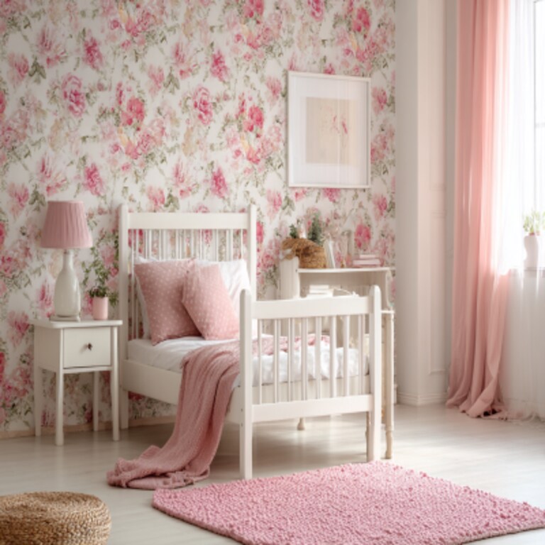 Modern Kids Room Design For Girls With Pink Floral Wallpaper